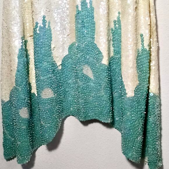 Vintage Art Deco Sequin Beaded Gown Cream Green M Ballroom Pageant Competition - Picture 7 of 12